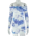 Detail of off-the-shoulder mini dress featuring blue floral print and mesh long sleeves - S / Blue Floral