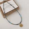 Blue tiger eye beaded necklace with vintage gold eye pendant and multicolored zircon stones - Lapis Lazuli Necklace XL0370