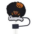 Cartoon African girl Queendom straw topper cap with orange crown and afro style - Queendom Text Girl