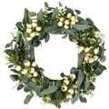Detailed close-up of eucalyptus wreath with cream berries and delicate white small flowers - RFW23003-Eucalyptus White Berries Small Flowers