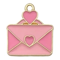 Pink enamel heart envelope charm with gold metal edges for DIY jewelry making - 1Pc Heart Envelope 22x20mm