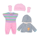 Pink and grey doll outfit with knit hat socks striped shirt and teddy bear hoodie - Q18-855 Colorful Stripe Patchwork 5-Piece Set