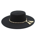 Detail of wool felt boater hat featuring a gold chain with pearls and white tassels - M(56-58cm) / Black