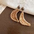 Detail of bohemian rattan crescent earrings with dark wooden beads and silver ear hooks - 39# Ear Hook - Coffee