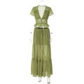 Dettaglio di set due pezzi in chiffon verde con pizzo delicato e gonna lunga a balze - S / Verde-giallo