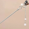 Silver hair pin with dark gemstone, white pearls, and elegant dangling tassel chain - Kindred Spirits