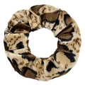 Detail of leopard print velvet scrunchie with zipper pocket in brown and black tones - Leopard Print