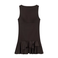 Vestido corto negro sin mangas con cuello redondo y dobladillo con volantes en blanco - XS / café
