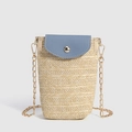 Straw vertical phone bag with sky blue leather flap and golden chain strap - Cream-Blue
