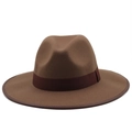 Dettaglio del fedora marrone caffè con nastro canneté e bordo della tesa in pelle - M(56-58cm) / Cachi