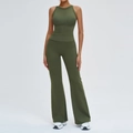 Ensemble de yoga vert olive avec débardeur dos nu et pantalon évasé taille haute - S / Vert Armée (Col Rond)