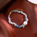 Detail of blue and white stone beaded bracelet with a large freshwater pearl on silk - Blue and White Irregular Crushed Stone Pearl Bracelet