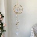 Golden suncatcher with crescent moon crystal stones and hanging prism pendant - Amazonite