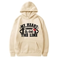 Beige fleece hoodie with American football heart print and drawstring hood - Apricot-My Heart Is On The Line