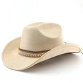 Detail view of beige suede fedora with decorative pearl and woven bead hatband - M (56-58cm) / Light Camel