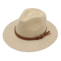 Classic cream woven straw fedora hat with a stylish dark brown leather band and tassel - Beige