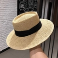 Cappello di paglia a cima piatta con nastro nero, cappello da sole intrecciato a mano - Cappello Beige Con Fascia Nera