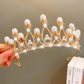 Golden crown headband with large white pearls and sparkling rhinestones for girls - Gold Hollow Pearl