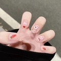 Short square pink press-on nails featuring cute cartoon rabbits and flower patterns - HY275 Cartoon Bunny Flower