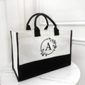 Canvas tote bag in black and white contrast with floral wreath letter A design - No Zipper Style-Open Tote / Beige Black-Letter A