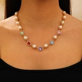 Golden necklace featuring heart-shaped multicolored gems and elegant white pearls - 01 KC Gold 3971-Heart Colorful Diamond Pearl Style