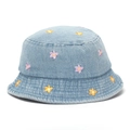 Detailed close-up of purple and yellow flower embroidery on light blue denim bucket hat - 50cm (Recommended 1-3 Years) / Flower - Mid Blue