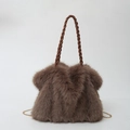 Brown faux fur tote bag with a woven leather handle and gold chain strap - Brown