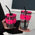 Pink and clear glass straw cups with MOM embossed silicone sleeves for couples - 350ml+450ml / Set of Large and Small Cups