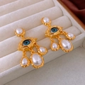 Vintage gold evil eye earrings with blue eye center and white pearl drop accents - 39# Bohemian Evil Eye - Gold