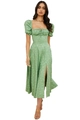 Robe mi-longue fleurie verte à manches bouffantes, fente latérale et décolleté carré - S / Vert avec fleurs jaunes
