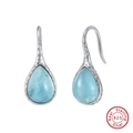 S925 sterling silver teardrop earrings with turquoise stone and hammered finish texture - Light Blue Teardrop Hook - Silver