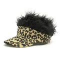 Leopard print visor cap featuring funny long black wig hair for men and women - Adjustable / Black