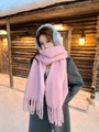 Pink mohair knit scarf and blue-white earmuffs worn by model in snowy winter setting - Large Mohair Solid - Pink