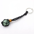 Handmade woven net keychain featuring a green aventurine stone with a wooden bead - Green Aventurine + Black Mesh Keychain