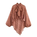 Braune Chiffon-Bluse mit Blumenmuster, Schluppenkragen, Laternenärmeln und Vokuhila-Saum - XS / Braun Floral