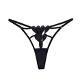 Tanga sexy de encaje negro con bordado floral y correas elásticas delgadas - S / Negro