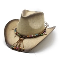 Bohemian style straw cowboy hat with colorful beads and vintage distressed brim - M (56-58cm) / Beige Brown