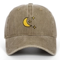 Close-up of moon and star embroidery on vintage washed cotton baseball cap - Adjustable / Khaki