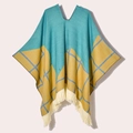 Detail of teal and orange geometric knit poncho with V-neck and decorative tassels - 130x150cm / Pullover Five Star Plaid Blue Yellow