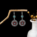 Bohemian retro silver drop earring featuring blue turquoise and red enamel mandala design - E5980 Blue Rhinestone Mandala