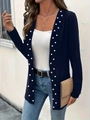 Elegant navy knit cardigan with decorative white pearls and classic long sleeves - S / Navy Blue