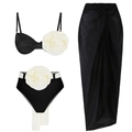 Three-piece black and white bikini set with 3D rose flowers and matching long sarong wrap - S / Black and White Set
