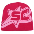 Detailed knit texture of a bright pink hip-hop beanie with jacquard SC logo pattern - Rose Red