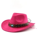Gros plan du chapeau de cowboy rose avec une bande tressée marron et une boucle turquoise bleue - M(56-58cm) / Rose Rouge