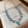 Silver necklace with teardrop turquoise and white stones on linen jewelry box - 71# Necklace-Silver-Blue