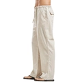 Detail of beige linen trousers showing drawstring waist, side pockets and fabric texture - L / Khaki