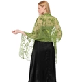 Detailed back view of an exquisite green sequined embroidered floral lace shawl on a model - Olive Green