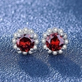 S925 sterling silver stud earrings with a round red center stone and white halo - Orange-red Flower Earrings Tz-19