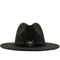 Dark grey-green leopard print fedora hat with a woven cord and silver bull skull accent - M (56-58cm) / Vintage Metal Bull Skull Wood Bead Style / Green