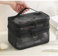 Double-layer black mesh toiletry bag with handle and zipper closure for storage - Black